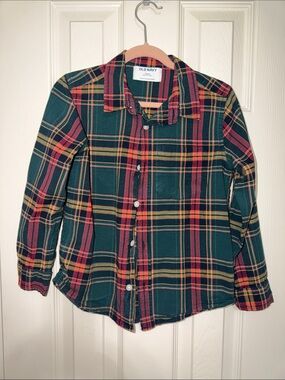 Old Navy Dark Green Plaid Button-Down Shirt with Red and Yellow Stripes